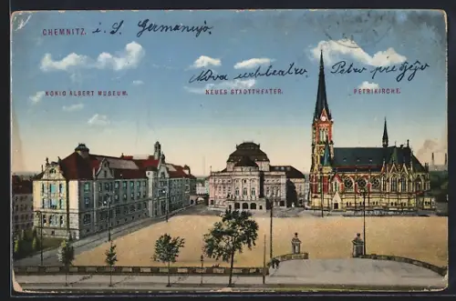AK Chemnitz, König Albert Museum, Stadttheater und Petrikirche