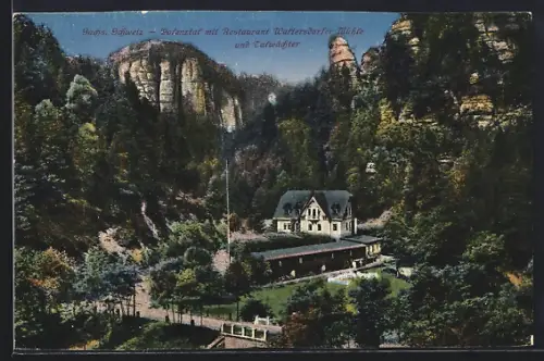 AK Hohnstein /Sächs. Schweiz, Restaurant Waltersdorfer Mühle im Polenztal, Talwächter