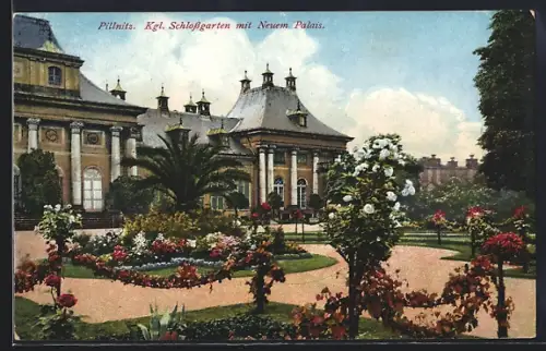 AK Dresden-Pillnitz, Königl. Schlossgarten mit Neuem Palais