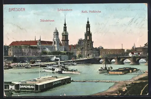 AK Dresden, Blick auf Ständehaus, Schlossturm und Kath. Hofkirche, Damenbad