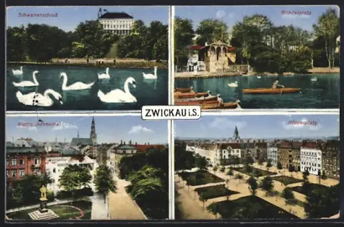 AK Zwickau, Schwanenschloss, Gondelplatz, Bismarckdenkmal, Römerplatz