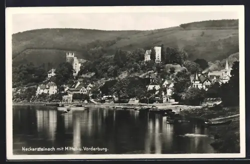 AK Neckarsteinach, Ortsansicht mit Mittel- und Vorderburg