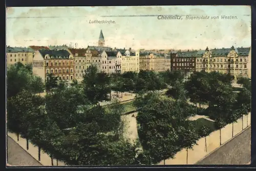 AK Chemnitz, die Lutherkirche vom Rosenplatz aus dem Westen gesehen