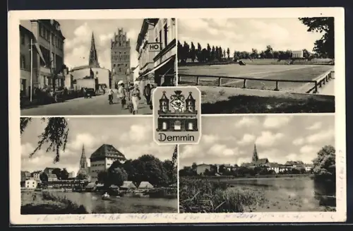 AK Demmin, Blick zur Kirche, Strassenpartie und Sportplatz, Wappen