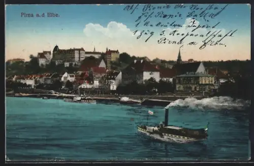 AK Pirna a. d. Elbe, Dampfer auf der Elbe, Panoramablick auf die Stadt