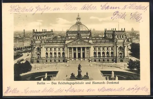 AK Berlin, Reichstagsgebäude und Bismarck-Denkmal aus der Vogelschau