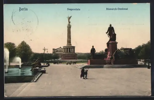 AK Berlin-Tiergarten, Siegessäule und Bismarck-Denkmal