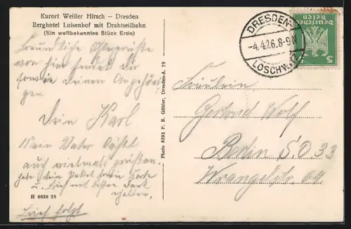 AK Dresden-Weisser Hirsch, Berghotel Luisenhof mit Drahtseilbahn