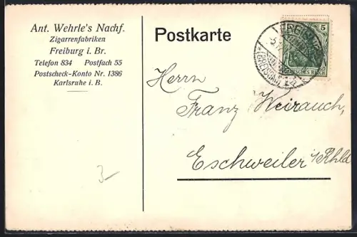 AK Freiburg i. Br., Zigarrenfabriken Ant. Wehrle`s Nachf., Geschäftskorrespondenz 1913