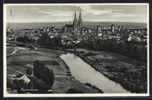 AK Regensburg, Stadtansicht mit Dom und Fluss
