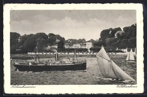 AK Hamburg-Blankenese, Elbkurhaus, Bes. Wilhelm Schade, Dampfer und Segelboote auf der Elbe