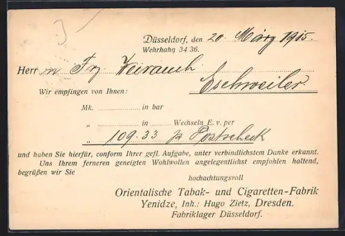 AK Düsseldorf, Korrespondenzkarte Orientalische Tabak- und Cigaretten-Fabrik Yenidze, Inh. Hugo Zietz
