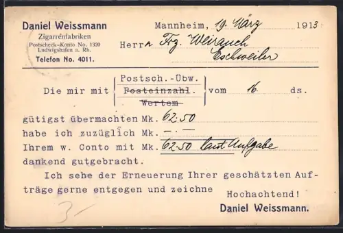 AK Ludwigshafen a. Rh., Korrespondenzkarte Zigarettenfabrik Daniel Weissmann
