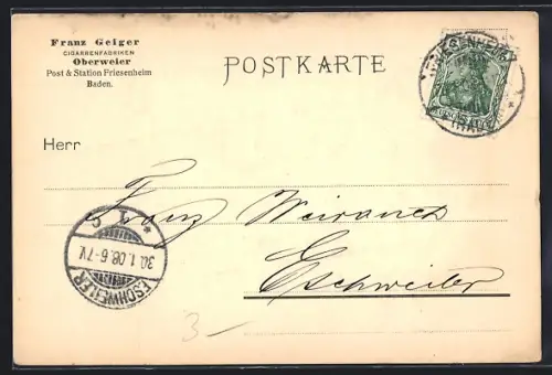 AK Friesenheim /Baden, Korrespondenzkarte Cigarrenfabriken Franz Geiger