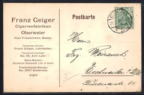 AK Friesenheim /Baden, Korrespondenzkarte Cigarrenfabriken Franz Geiger