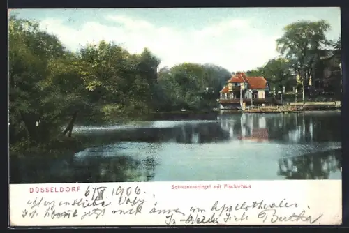 AK Düsseldorf, Schwanenspiegel mit Fischerhaus