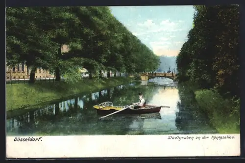 AK Düsseldorf, Stadtgraben an der Königsallee mit Boot