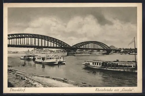 AK Düsseldorf, Rheinbrücke mit Gesolei, Schiffe