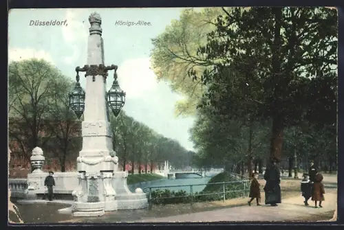 AK Düsseldorf, Königs-Allee mit Denkmal