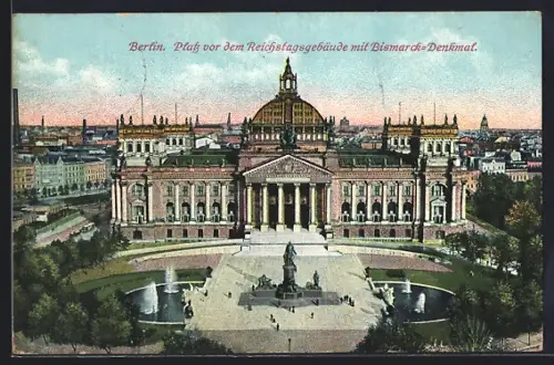 AK Berlin-Tiergarten, Platz vor dem Reichstagsgebäude mit Bismarck-Denkmal