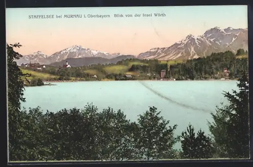 AK Murnau / Staffelsee, Blick von der Insel Wörth über den Staffelsee
