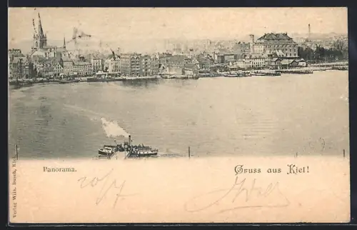 AK Kiel, Panorama mit Dampfer