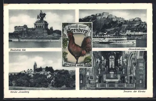 AK Arenberg, Kirche Arenberg, Inneres der Kirche, Deutsches Eck und Ehrenbreitstein, Dampfer auf dem Rhein