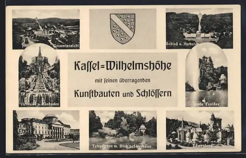 AK Kassel-Wilhelmshöhe, Herkules u. Kaskaden, Löwenburg, Grosse Fontäne, Schloss und Gesamtansicht