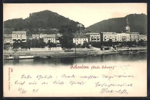 AK Schandau /Sächs.Schweiz, Panoramablick und Elbpartie mit A. Stephan`s Elb-Hotel