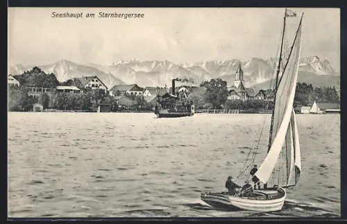 AK Seeshaupt /Starnberger See, Panoramablick auf den Ort, Dampfer auf dem See und Gipfelpanorama