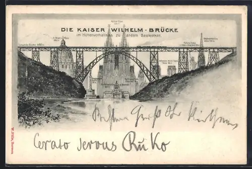 Lithographie Barmen, Kaiser Wilhelm-Brücke im Verhältnis zu anderen Bauten u. a. Kölner Dom & Wiener Stephanskirche