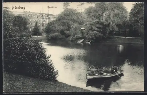 AK Nürnberg, Schloss Rosenau, Ruderboot auf dem See