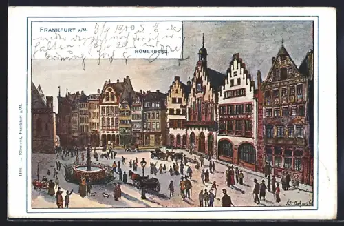 Künstler-AK Alt-Frankfurt, Römerberg mit Brunnen aus der Vogelschau