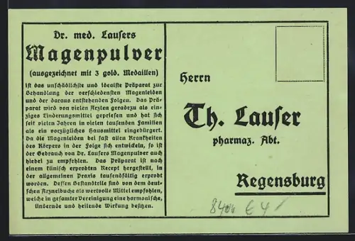 AK Regensburg, Werbung der Fima Th. Lauser, Magenpulver