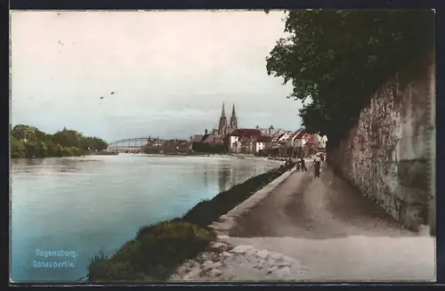 AK Regensburg, Donaupartie mit Blick zur Kirche