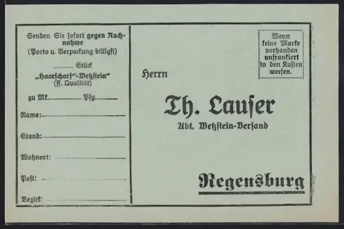 AK Regensburg, Werbung der Fima Th. Lauser, Mann dreht die Zeiger der Uhr zurück