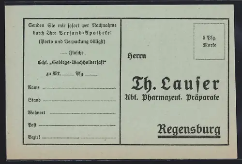 AK Regensburg, Werbung der Fima Th. Lauser, Alter Herr liest ein Buch