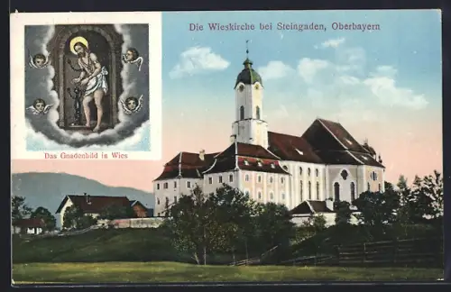 AK Steingaden /Oberbayern, Gesamtansicht der Wieskirche, Das Gnadenbild mit Jesus und Engeln