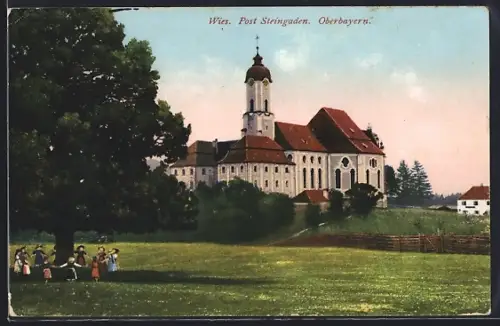 AK Wies / Steingaden, Kirche mit tanzenden Kindern um einen Baum