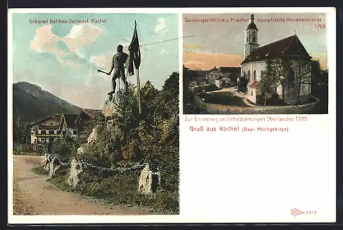 AK Kochel, Schmied Balthes-Denkmal, Sendlinger Kirche und Friedhof