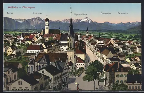 AK Weilheim /Oberbayern, Teilansicht mit Strassenpartie und Zugspitze