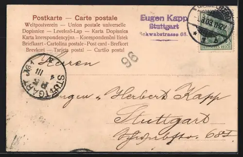 AK Liebespaar an einer Flusspartie mt Ortsansicht, studentische Szene