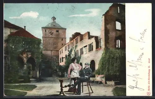 AK Heidelberg / Neckar, Student und Kellnerin an einem Tisch