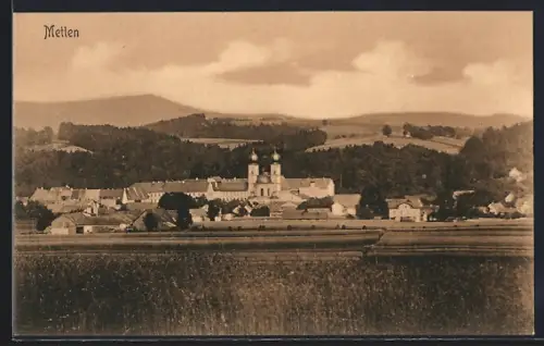 AK Metten, Panorama-Ansicht mit Wallfahrtskirche