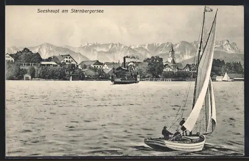 AK Seehaupt am Starnbergersee, Ortsansicht vom See mit Ruderboot und Dampfer