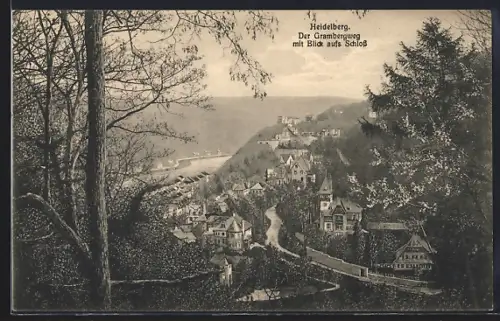 AK Heidelberg, Der Graimbergweg mit Schloss u. Blick auf die Stadt