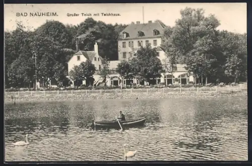 AK Bad Nauheim, Ein Ruderboot auf dem grossen Teich mit Teichhaus