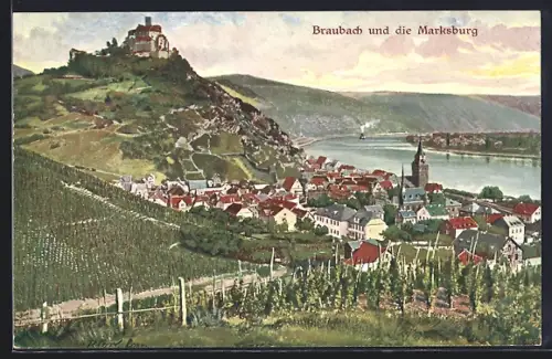 Künstler-AK Braubach, Gesamtansicht mit der Marksburg