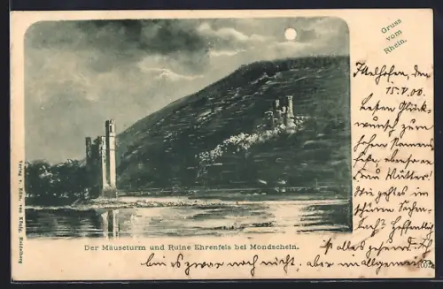 AK Ehrenfels, Der Mäuseturm und Ruine bei Mondschein