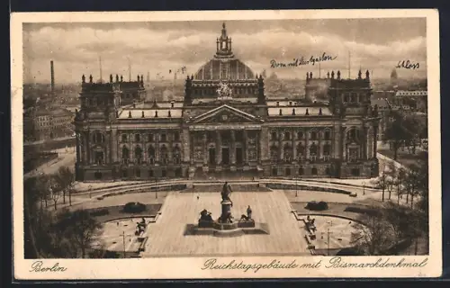 AK Berlin, Das Reichstagsgebäude mit Bismarckdenkmal